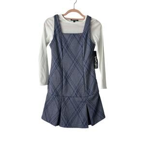 NWT Trixxi Girl 2pc Blue Plaid Pleated Skirt Jumper Rib White Shirt-Girls Large